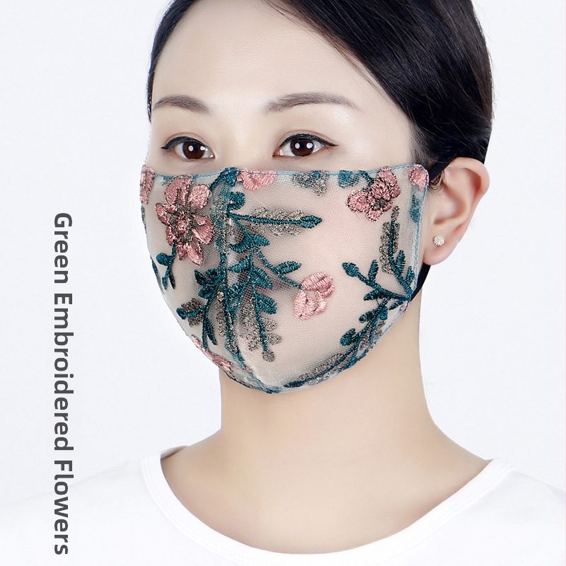 Oufeng vyšívaná maska na tvár pre ženy - zmes materiálu, výšivka, ušné pútka, UV ochrana, kvetinový vzor
