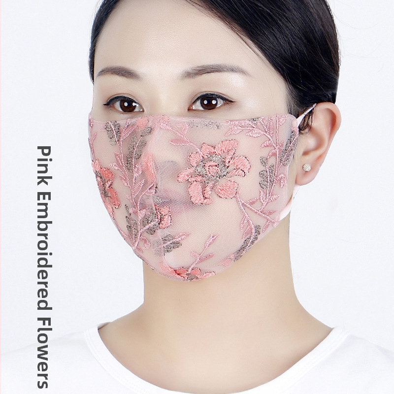 Oufeng vyšívaná maska na tvár pre ženy - zmes materiálu, výšivka, ušné pútka, UV ochrana, kvetinový vzor