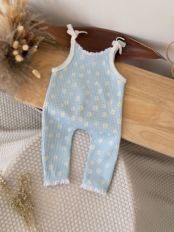 Kórejský štýl mäkký bezrukávový crawler bodysuit s kvetinovým vzorom, pre deti 1–3 roky, vpredu viazanie, 100% polyester, Jar a Jeseň