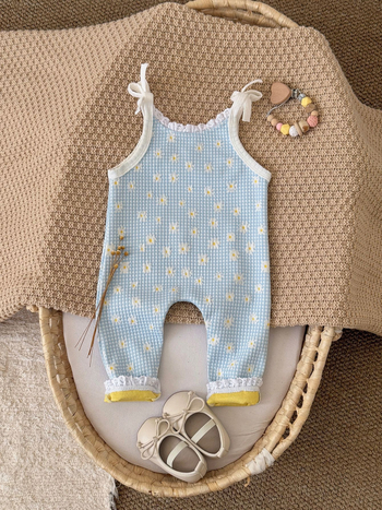 Kórejský štýl mäkký bezrukávový crawler bodysuit s kvetinovým vzorom, pre deti 1–3 roky, vpredu viazanie, 100% polyester, Jar a Jeseň