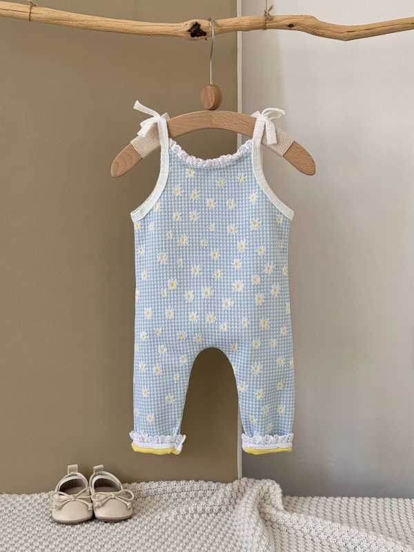 Kórejský štýl mäkký bezrukávový crawler bodysuit s kvetinovým vzorom, pre deti 1–3 roky, vpredu viazanie, 100% polyester, Jar a Jeseň