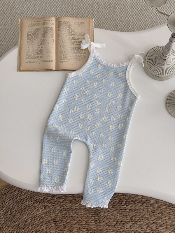Kórejský štýl mäkký bezrukávový crawler bodysuit s kvetinovým vzorom, pre deti 1–3 roky, vpredu viazanie, 100% polyester, Jar a Jeseň