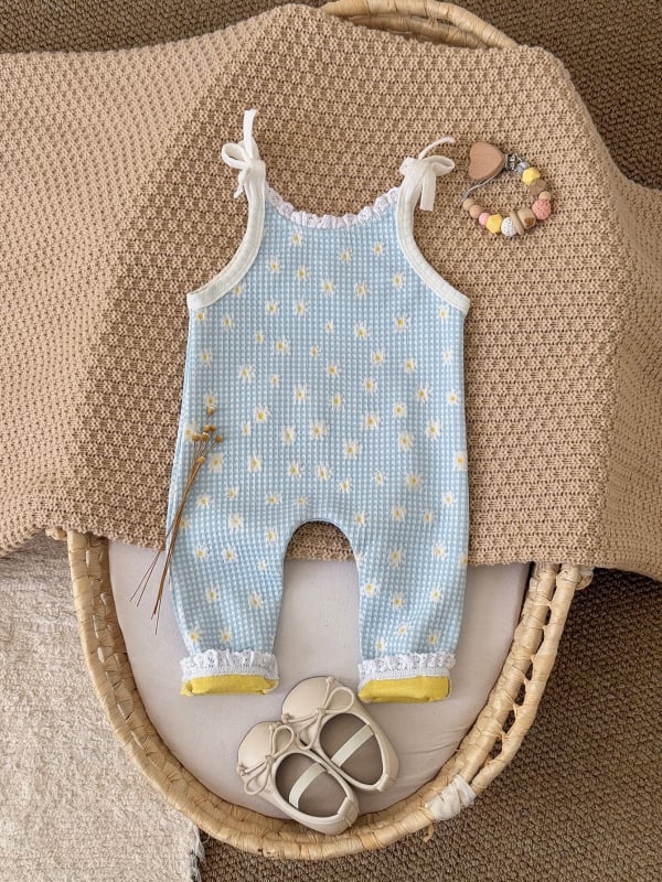 Kórejský štýl mäkký bezrukávový crawler bodysuit s kvetinovým vzorom, pre deti 1–3 roky, vpredu viazanie, 100% polyester, Jar a Jeseň