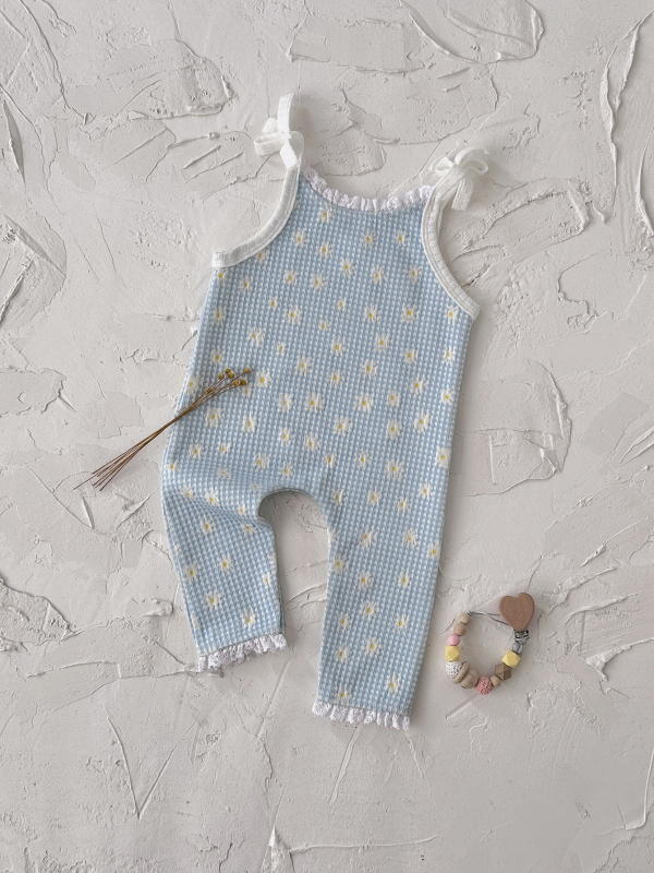 Kórejský štýl mäkký bezrukávový crawler bodysuit s kvetinovým vzorom, pre deti 1–3 roky, vpredu viazanie, 100% polyester, Jar a Jeseň