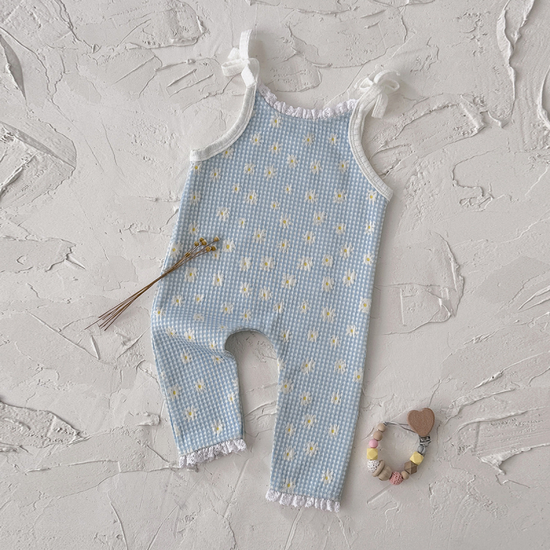 Kórejský štýl mäkký bezrukávový crawler bodysuit s kvetinovým vzorom, pre deti 1–3 roky, vpredu viazanie, 100% polyester, Jar a Jeseň