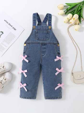 Τζιν παντελόνια με τιράντες για κορίτσια, διακόσμηση πεταλούδα κόμβος, όλο τον χρόνο, μεσαία μέση, κουμπί μπροστά, μακριά παντελόνια