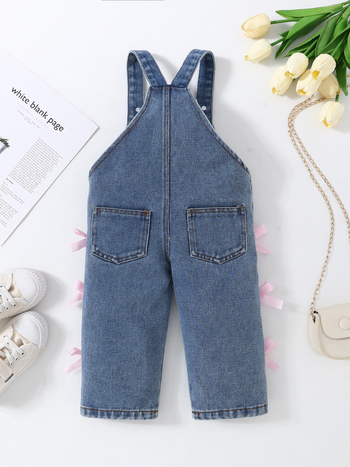 Τζιν παντελόνια με τιράντες για κορίτσια, διακόσμηση πεταλούδα κόμβος, όλο τον χρόνο, μεσαία μέση, κουμπί μπροστά, μακριά παντελόνια