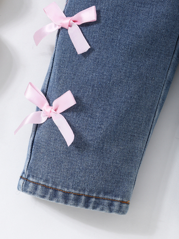 Τζιν παντελόνια με τιράντες για κορίτσια, διακόσμηση πεταλούδα κόμβος, όλο τον χρόνο, μεσαία μέση, κουμπί μπροστά, μακριά παντελόνια