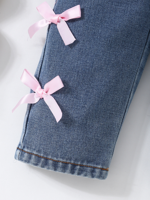 Τζιν παντελόνια με τιράντες για κορίτσια, διακόσμηση πεταλούδα κόμβος, όλο τον χρόνο, μεσαία μέση, κουμπί μπροστά, μακριά παντελόνια