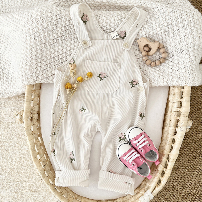 Laste Corduroy püksid lillede õmblusega, 100% polüester, keskmine talje, nööpidega avamine, kevad-sügisperiood