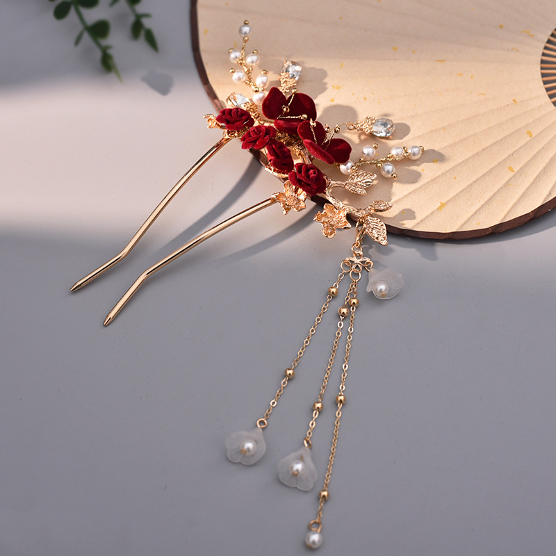 Clamă de păr din aliaj, stil etnic, cu franjuri și decor floral, lucrată manual, accesorii de nuntă | Primăvara 2024