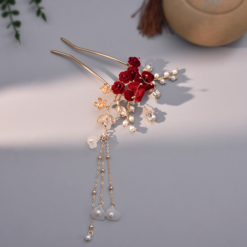 Clamă de păr din aliaj, stil etnic, cu franjuri și decor floral, lucrată manual, accesorii de nuntă | Primăvara 2024