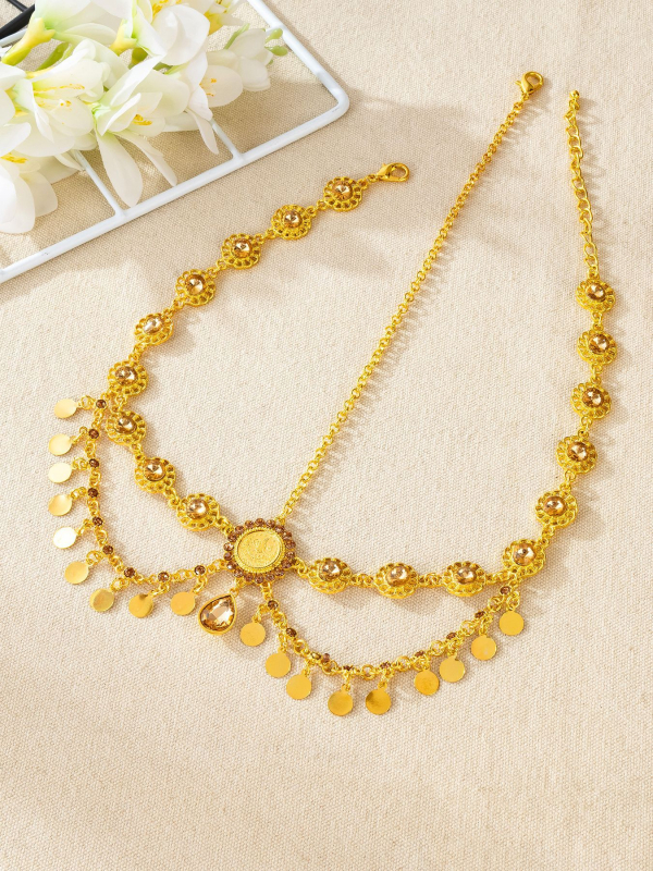 Colier de cap de mireasă în stil etnic, cu design de picătură de apă și ciucuri, aliaj, cristal alb, model geometric, placare electroplatină