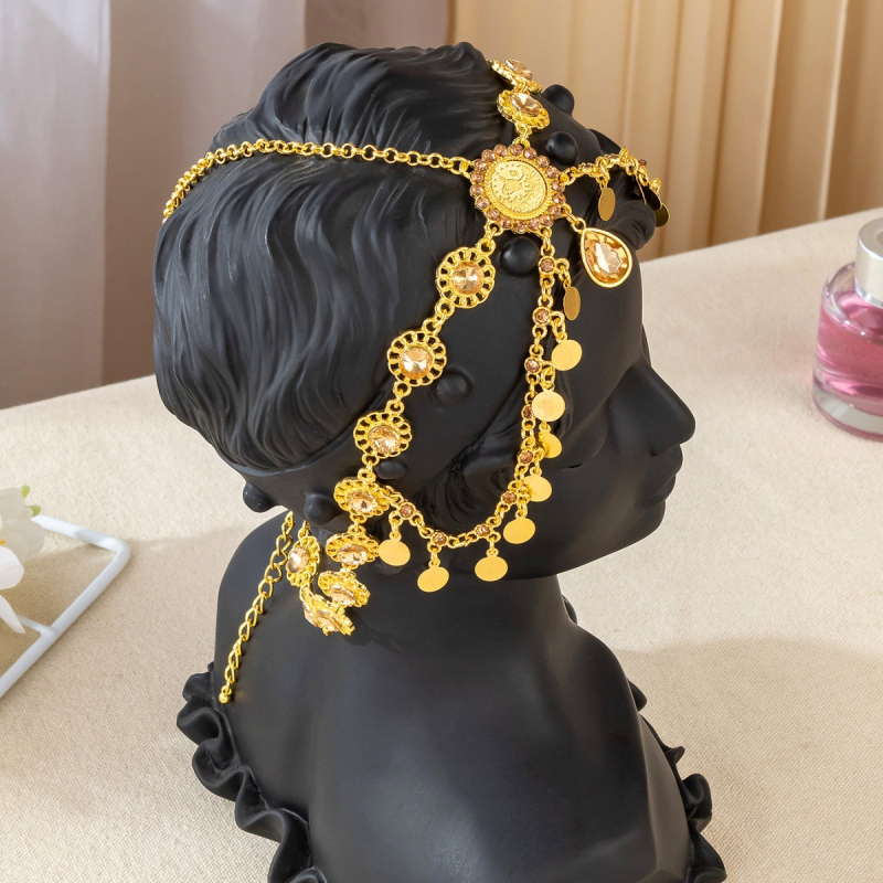 Colier de cap de mireasă în stil etnic, cu design de picătură de apă și ciucuri, aliaj, cristal alb, model geometric, placare electroplatină