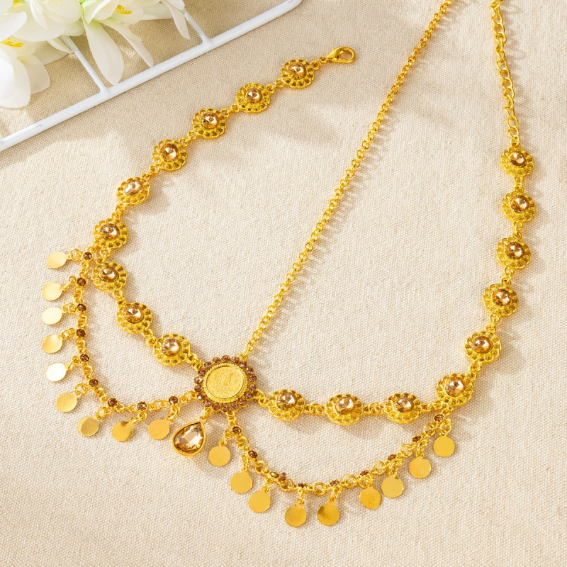 Colier de cap de mireasă în stil etnic, cu design de picătură de apă și ciucuri, aliaj, cristal alb, model geometric, placare electroplatină