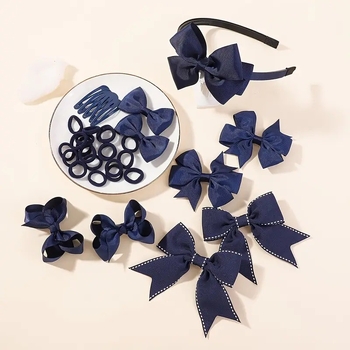 34-dielny set doplnkov do vlasov pre mládež s klipsami s motívom motýlieho uzla, školský štýl, látka