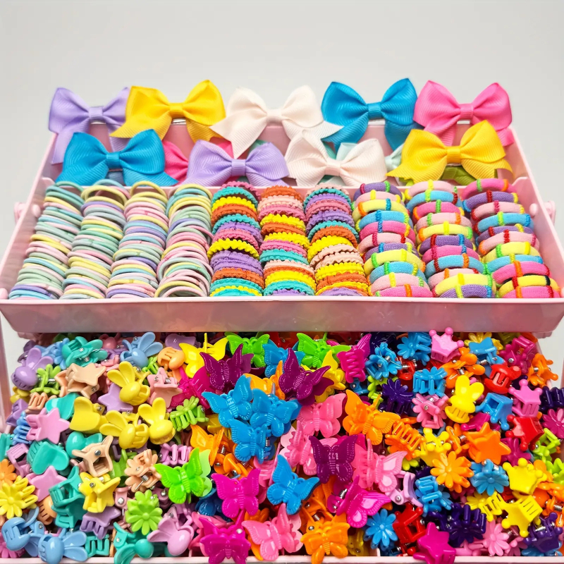 Sada doplnkov na vlasy pre dievčatá – ručne vyrobená; obsahuje sponky s motýľom, elastické sponky a gumičky do vlasov; štýl rozprávkový, vzor kvetinová mašľa; Haitang Duoduo, A912, kategória 42246, jeseň 2025