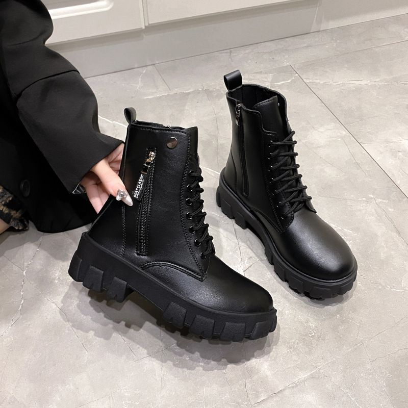 Ženske Martin čizme, do sredine potkoljenice, zaobljeni vrh, kvadratna peta, vezanje na vezanje, PU gornji dio i PU đon