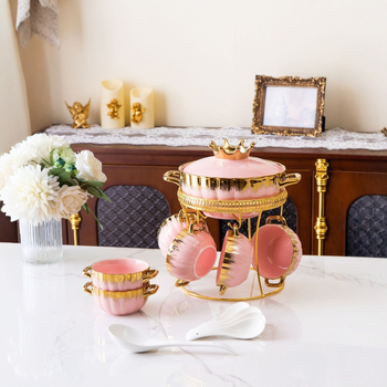 Keramická nádoba na polievku s emailovým povrchom a kovovým rámom, izolovaná, sklenené viečko, model JP027, objem 2.1-3 L