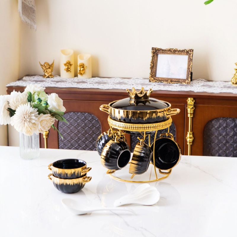 Keramická nádoba na polievku s emailovým povrchom a kovovým rámom, izolovaná, sklenené viečko, model JP027, objem 2.1-3 L