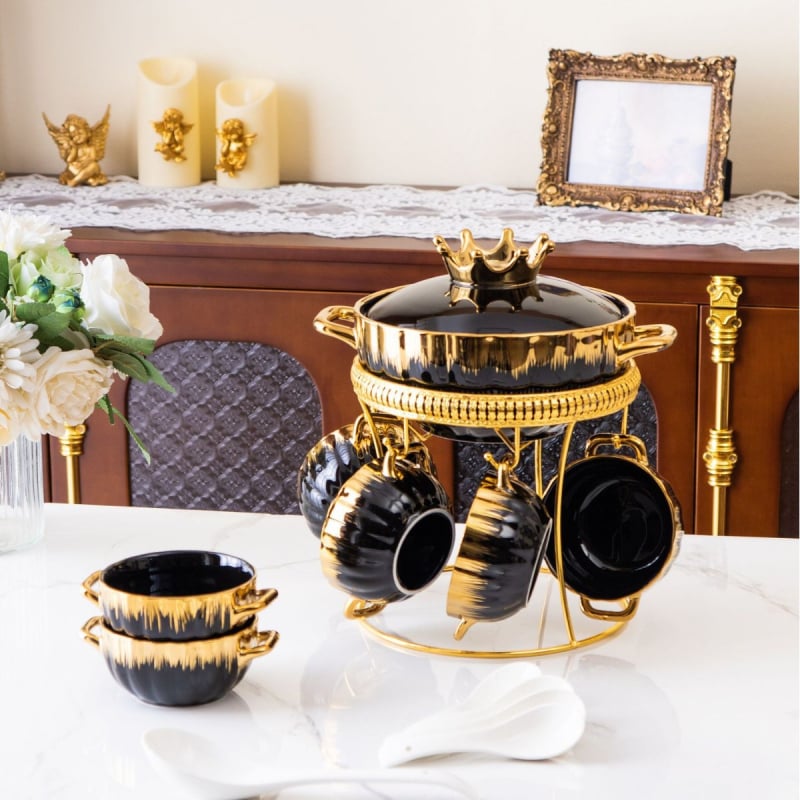 Keramická nádoba na polievku s emailovým povrchom a kovovým rámom, izolovaná, sklenené viečko, model JP027, objem 2.1-3 L