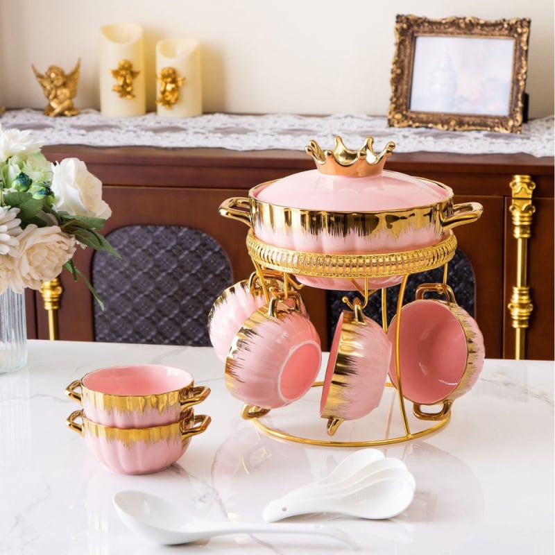 Keramická nádoba na polievku s emailovým povrchom a kovovým rámom, izolovaná, sklenené viečko, model JP027, objem 2.1-3 L