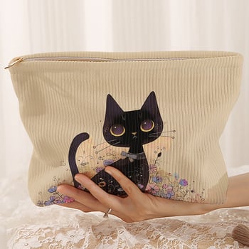 Corduroy torbica za kozmetiku s dizajnom mačke s velikim očima, zatvaračem, lagana, podstava od poliestera, višenamjenska