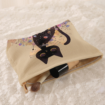 Corduroy torbica za kozmetiku s dizajnom mačke s velikim očima, zatvaračem, lagana, podstava od poliestera, višenamjenska