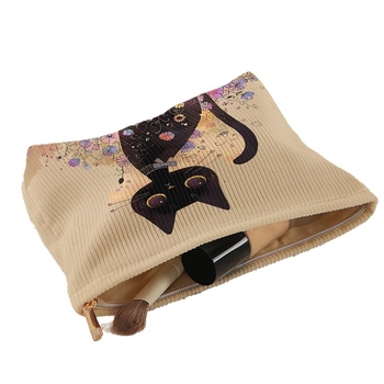 Corduroy torbica za kozmetiku s dizajnom mačke s velikim očima, zatvaračem, lagana, podstava od poliestera, višenamjenska