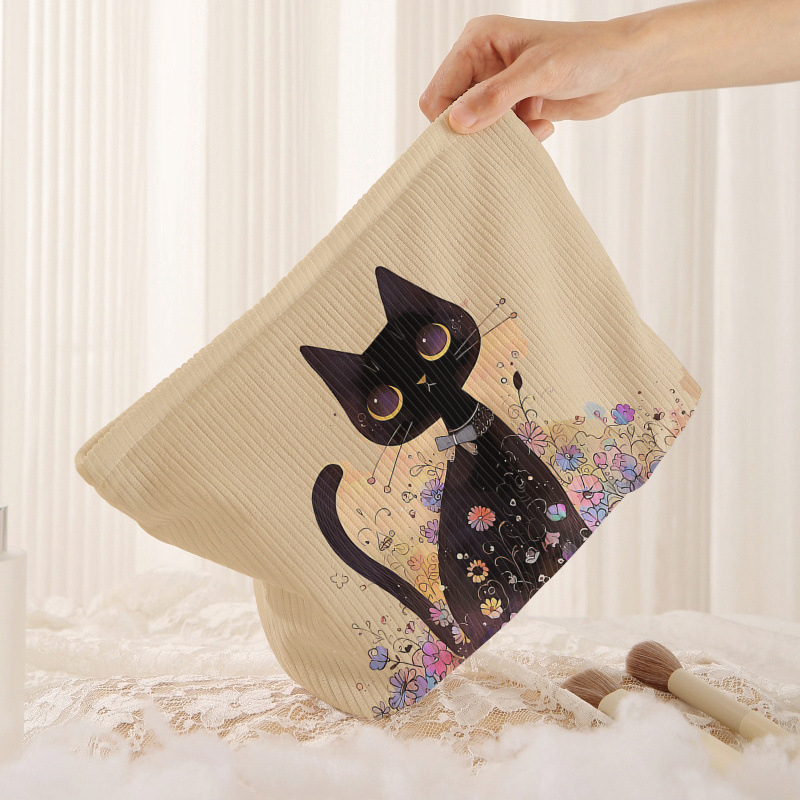 Corduroy torbica za kozmetiku s dizajnom mačke s velikim očima, zatvaračem, lagana, podstava od poliestera, višenamjenska