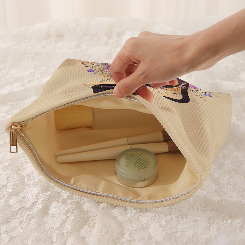 Corduroy torbica za kozmetiku s dizajnom mačke s velikim očima, zatvaračem, lagana, podstava od poliestera, višenamjenska