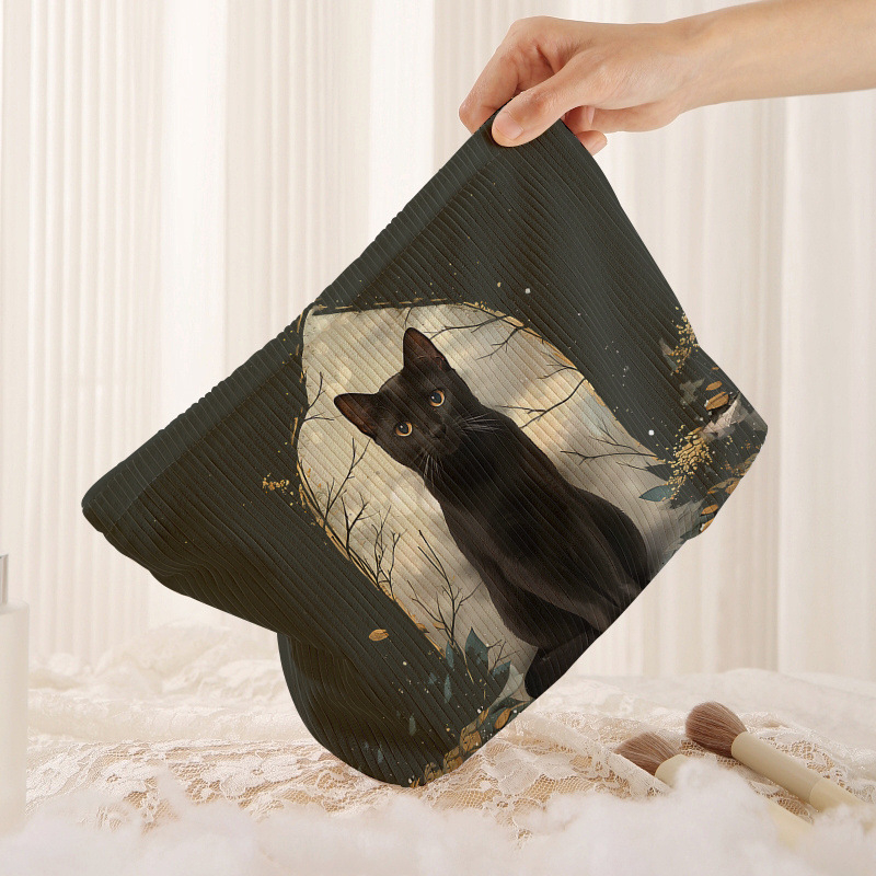 Corduroy torbica za kozmetiku s dizajnom mačke s velikim očima, zatvaračem, lagana, podstava od poliestera, višenamjenska