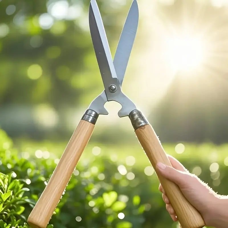 Градински секатор със дървена дръжка за подрязване на храсти и растения, остър ръб