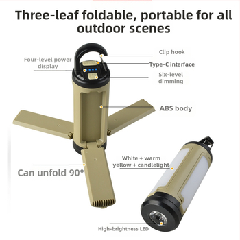 LED kempingová lampa XF-LY23, nabíjateľná, 3V, 5W, 90° skladací dizajn s tromi lopatkami