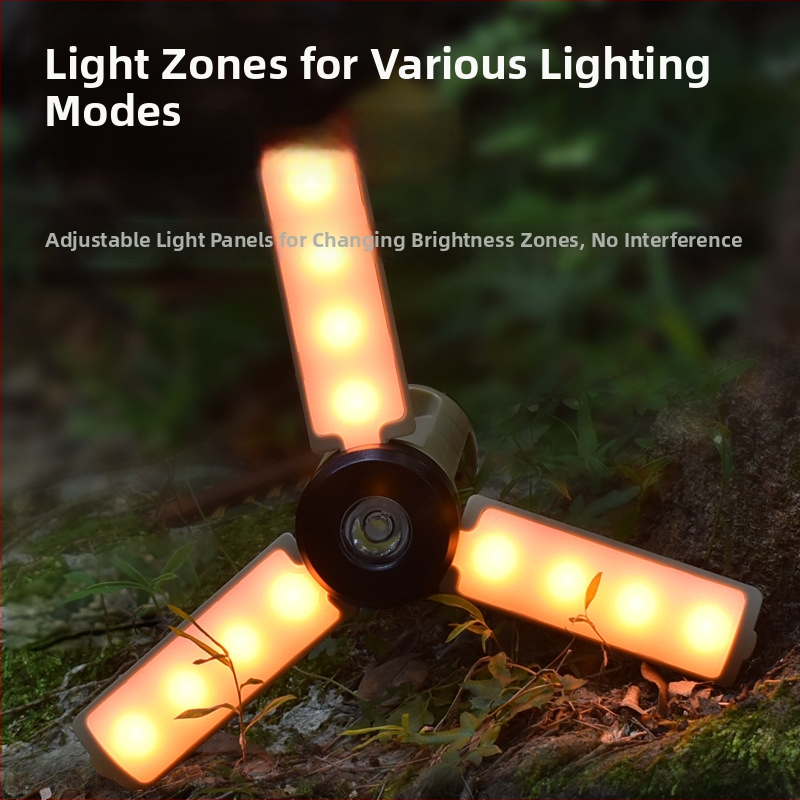 LED kempingová lampa XF-LY23, nabíjateľná, 3V, 5W, 90° skladací dizajn s tromi lopatkami