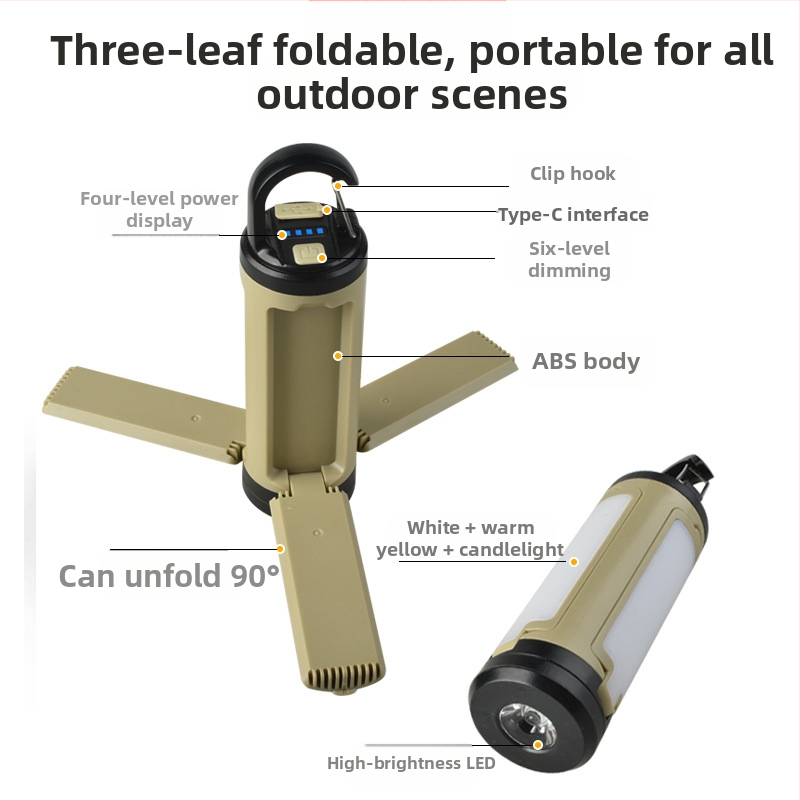 LED kempingová lampa XF-LY23, nabíjateľná, 3V, 5W, 90° skladací dizajn s tromi lopatkami