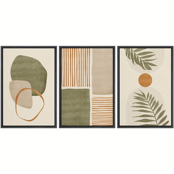 Bez rámu olejový obraz na plátne so zelenými geometrickými líniami a rastlinnými motívmi, vertikálny obdĺžnik, prispôsobiteľná tlač