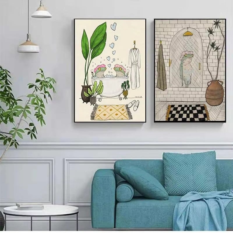 Bez rámu obraz so žabkou v karikatúrnom štýle, tlač na olejovom plátne, inkjet tlač, prispôsobiteľné podľa nákresu