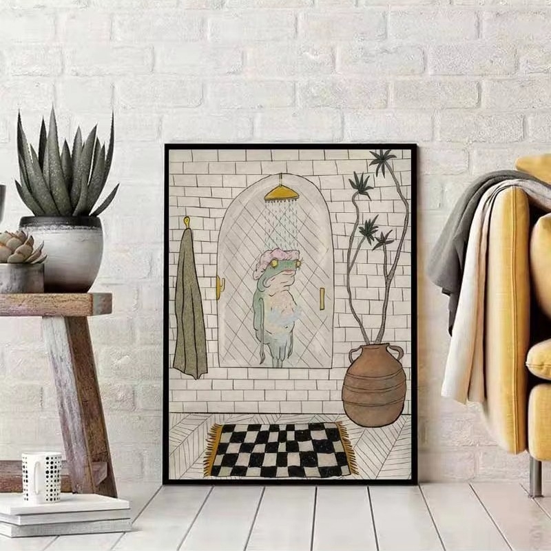 Bez rámu obraz so žabkou v karikatúrnom štýle, tlač na olejovom plátne, inkjet tlač, prispôsobiteľné podľa nákresu