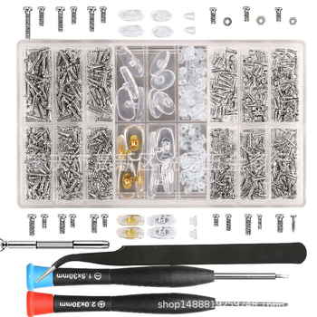 Set na opravu slnečných okuliarov: 1000 ks, skrutky a matice, pinzeta, plochý a Phillips skrutkovač, oceľ, Haskar