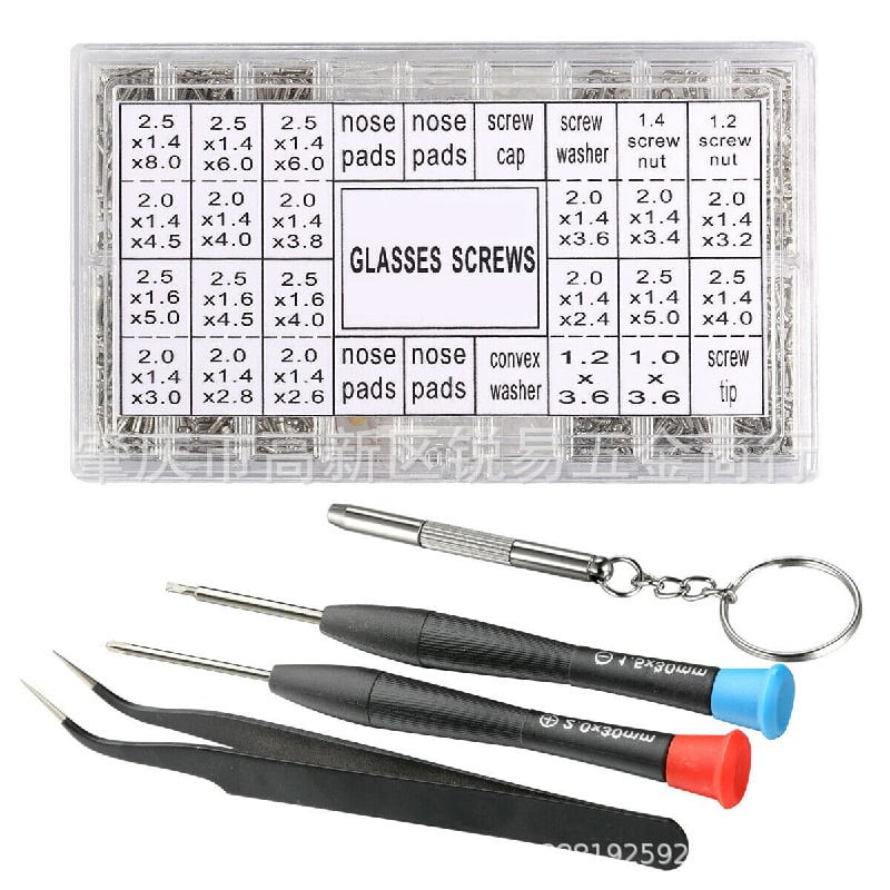 Set na opravu slnečných okuliarov: 1000 ks, skrutky a matice, pinzeta, plochý a Phillips skrutkovač, oceľ, Haskar