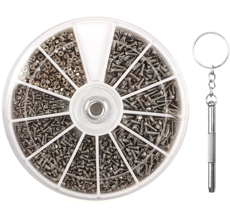 Sada skrutkovačov na okuliare a hodinky v guľatom boxe – nerezová oceľ, 1000 ks, pre okuliare a hodinky