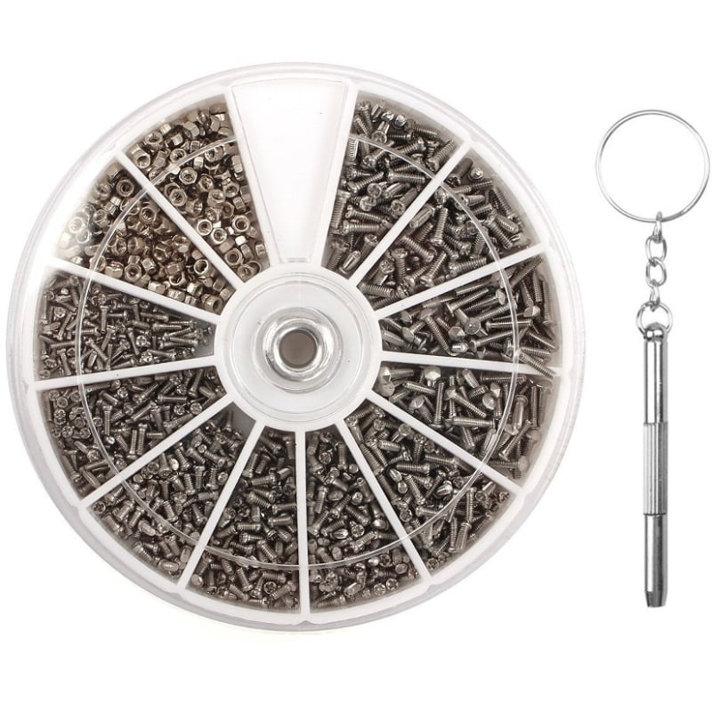 Sada skrutkovačov na okuliare a hodinky v guľatom boxe – nerezová oceľ, 1000 ks, pre okuliare a hodinky