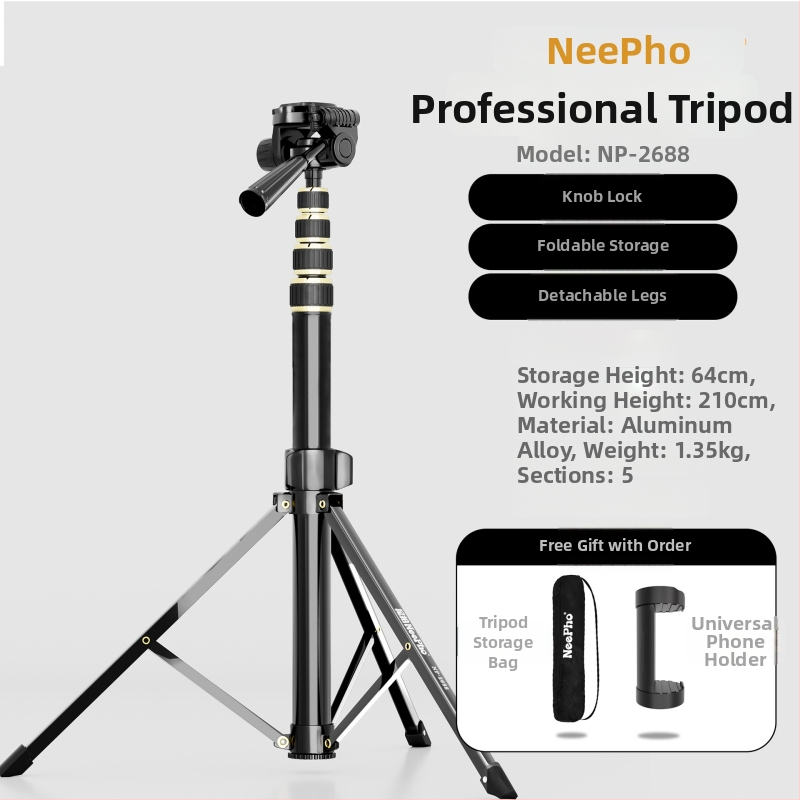 DSLR grindinis stovas NP-2688 iš Neepho, 3D gimball, aliuminio lydinys, 5 sekcijų, apkrova 2–5 kg (greito atleidimo plokštelė)