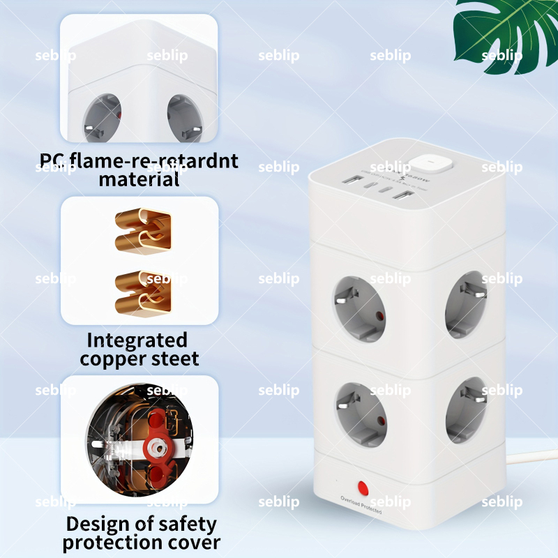 SEBLIP USB rozdvojovač, CE certifikované, Európsky štandard, Vertikálna vežová zásuvka, Ochrana proti preťaženiu, Ohnivzdorný