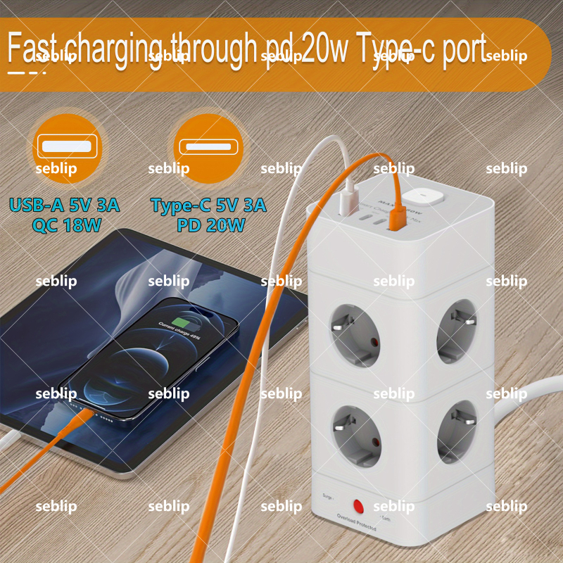 SEBLIP USB rozdvojovač, CE certifikované, Európsky štandard, Vertikálna vežová zásuvka, Ochrana proti preťaženiu, Ohnivzdorný