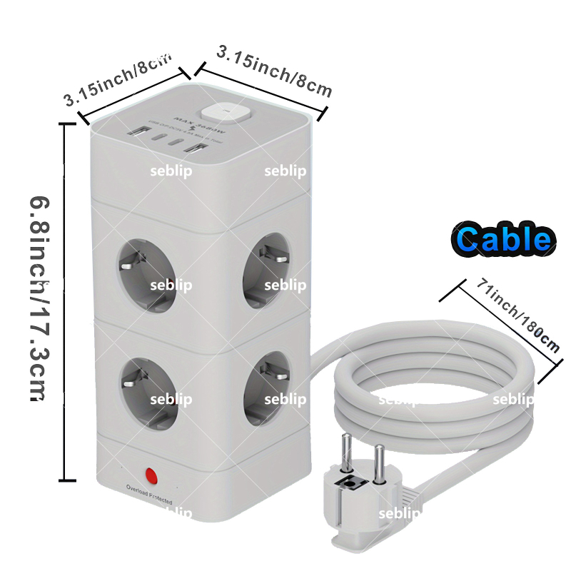 SEBLIP USB rozdvojovač, CE certifikované, Európsky štandard, Vertikálna vežová zásuvka, Ochrana proti preťaženiu, Ohnivzdorný