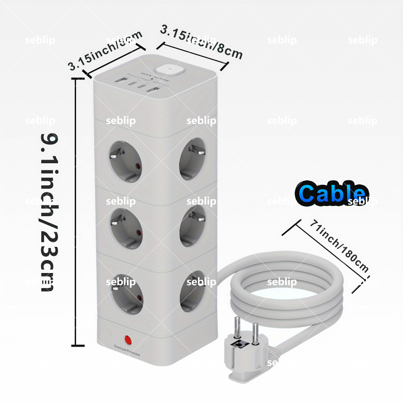 SEBLIP USB rozdvojovač, CE certifikované, Európsky štandard, Vertikálna vežová zásuvka, Ochrana proti preťaženiu, Ohnivzdorný