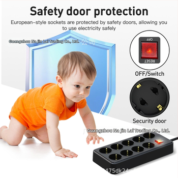 Napájací rozvádzač so 9 zásuvkami, bezpečnostnou clonou a dvojitým hlavným vypínačom — 10A, 100-250V AC, ohňovzdorný PC plášť, CE