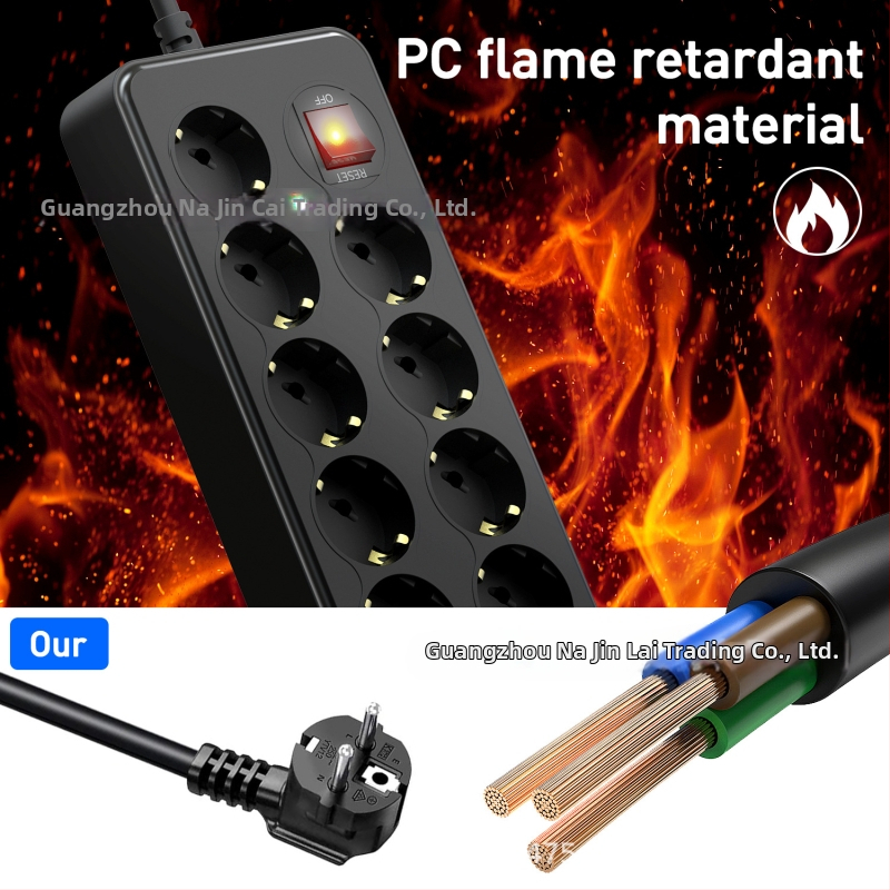 Napájací rozvádzač so 9 zásuvkami, bezpečnostnou clonou a dvojitým hlavným vypínačom — 10A, 100-250V AC, ohňovzdorný PC plášť, CE